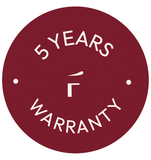 Maroon circular badge with white text reading "5 YEARS WARRANTY" and a simple white logo in the center.