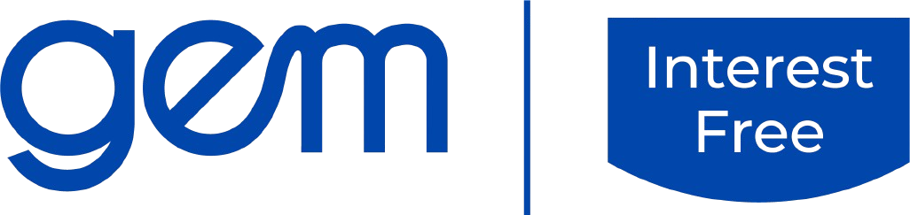 Blue "gem" logo with a vertical line and a blue shield shape containing the words "Interest Free."