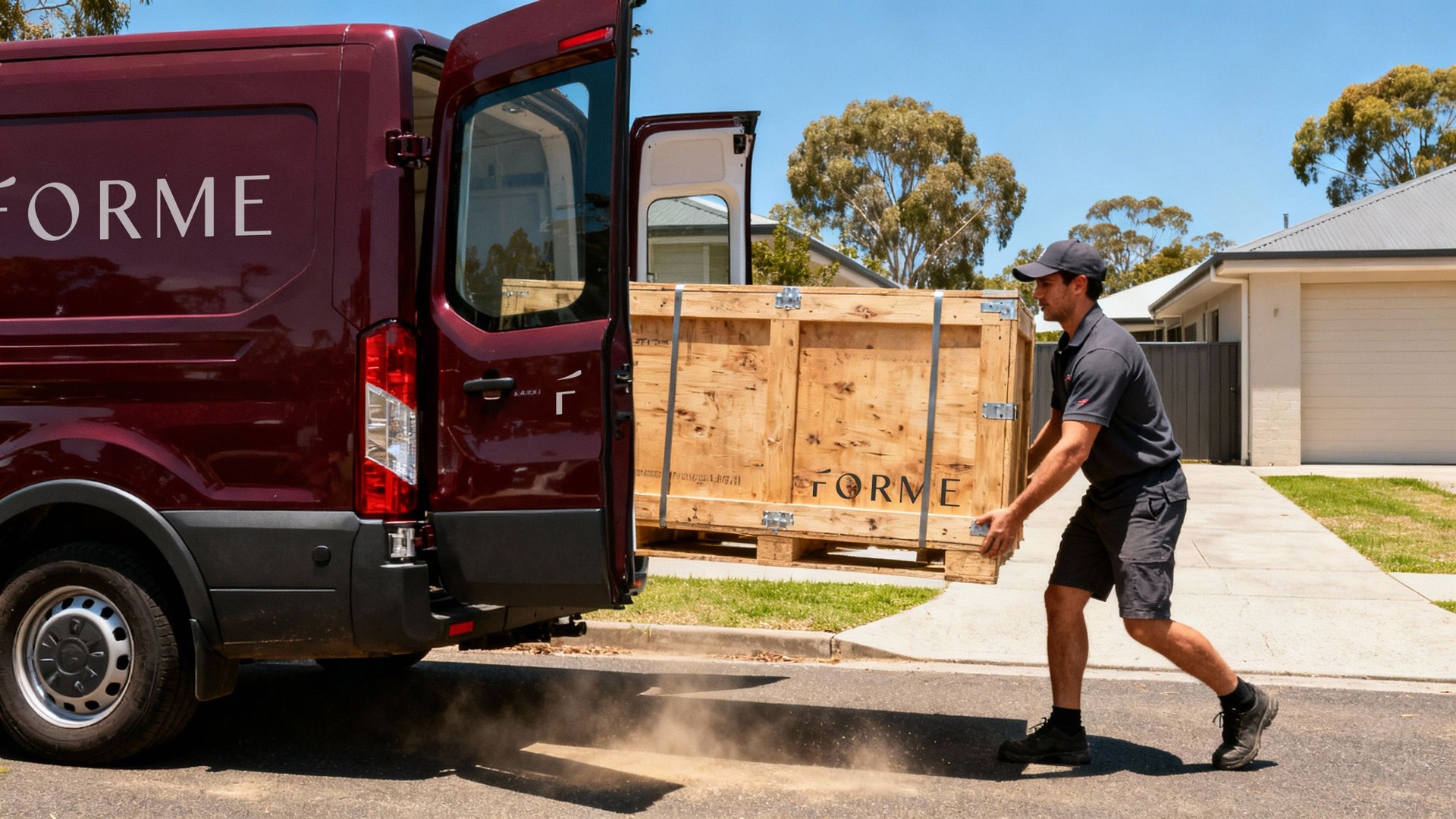 A delivery worker moves a large wooden crate labeled "FORME" towards the open back doors of a maroon delivery van on a suburban street.