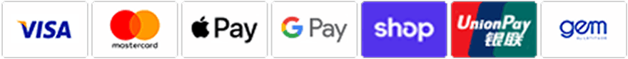 Logos of payment options: Visa, Mastercard, Apple Pay, Google Pay, Shop Pay, UnionPay, and Gem.